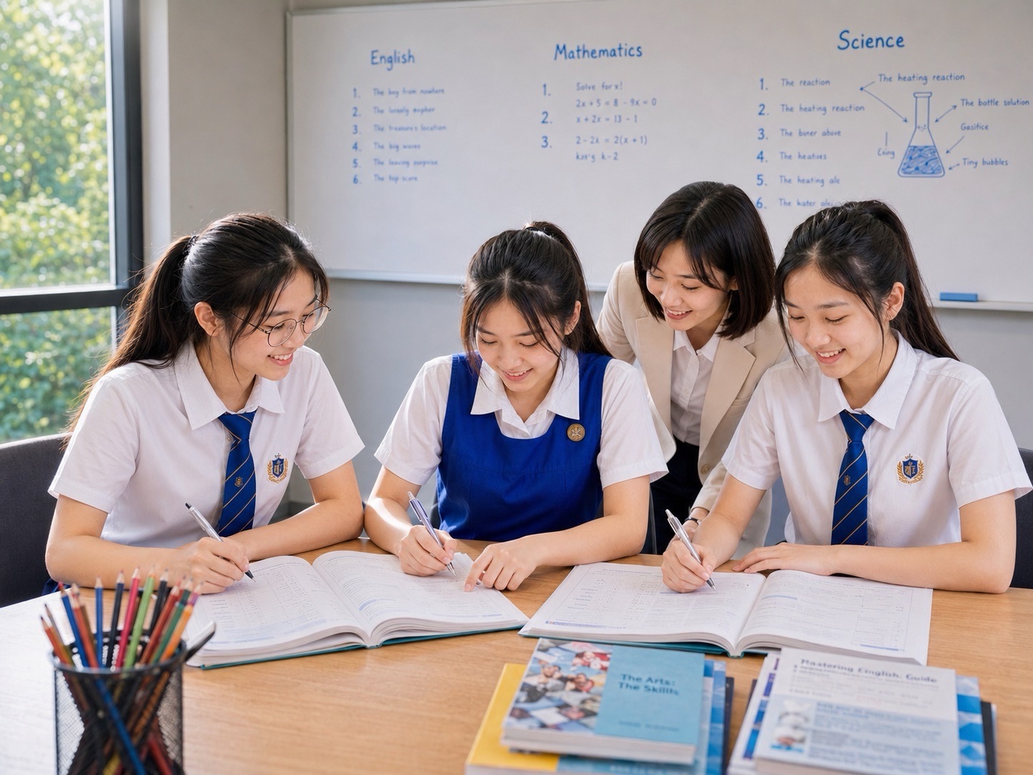 Four people gather around open books and papers at a classroom table, reviewing the work together.