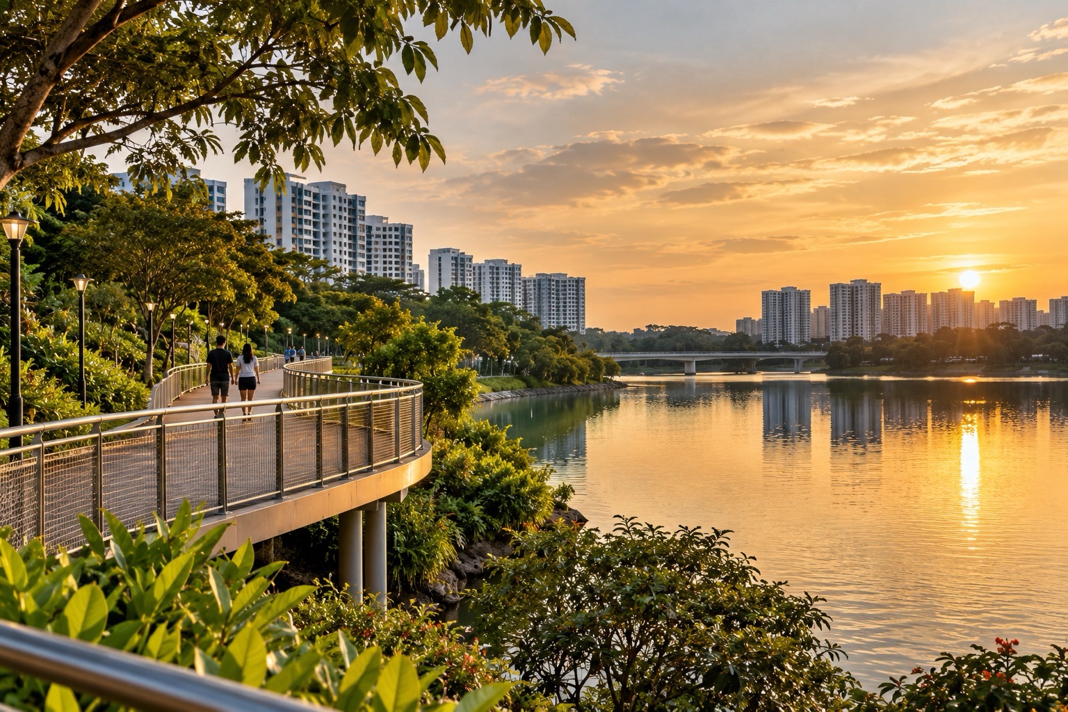 A curved walkway follows a landscaped waterfront as the low sun reflects across the water towards residential buildings.