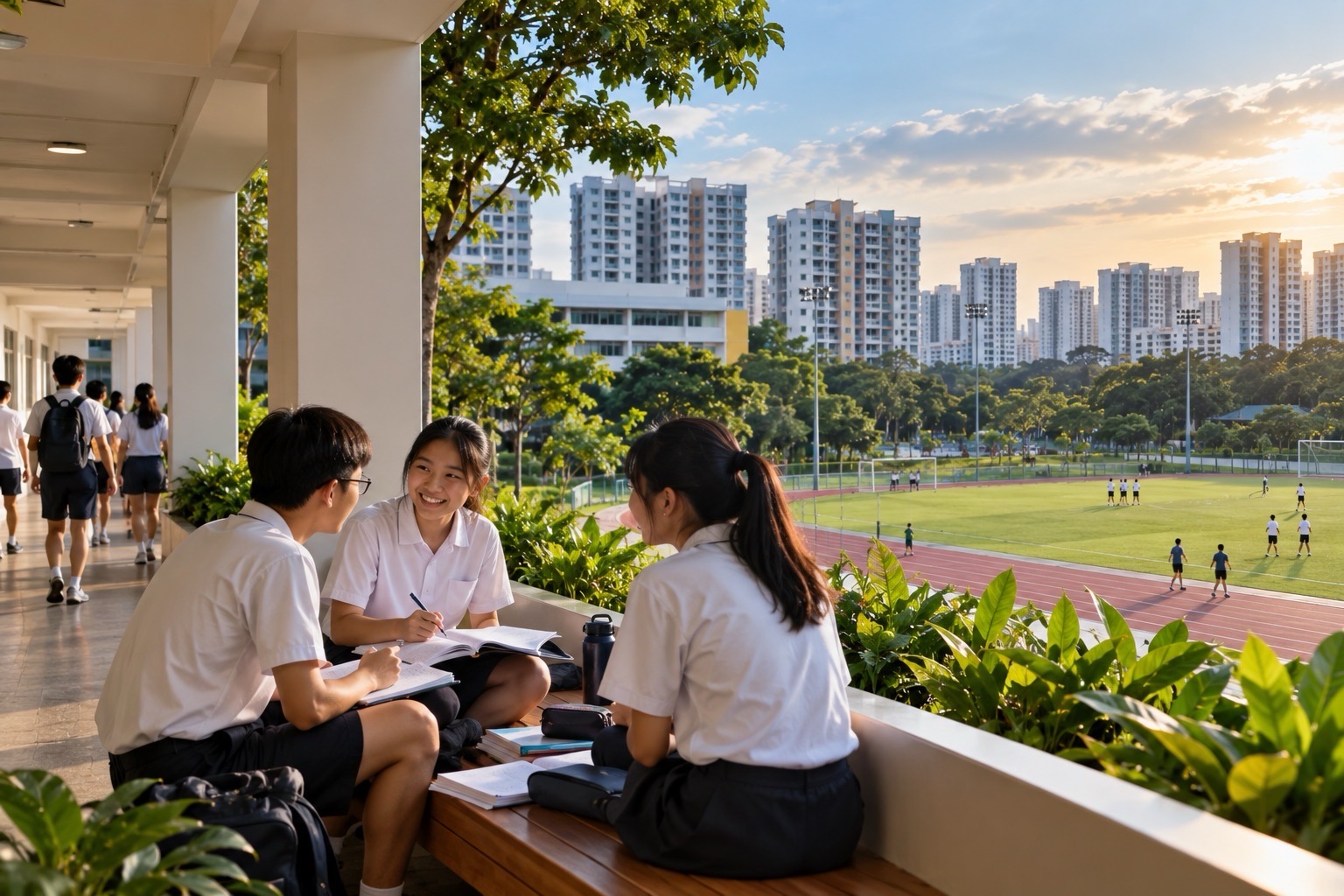 Three students sit with open study materials along a sheltered school corridor overlooking a playing field and nearby buildings.