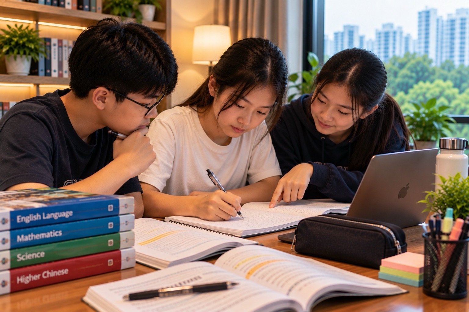 Three students review written work at a shared desk, with one pointing to the notebook while another writes.