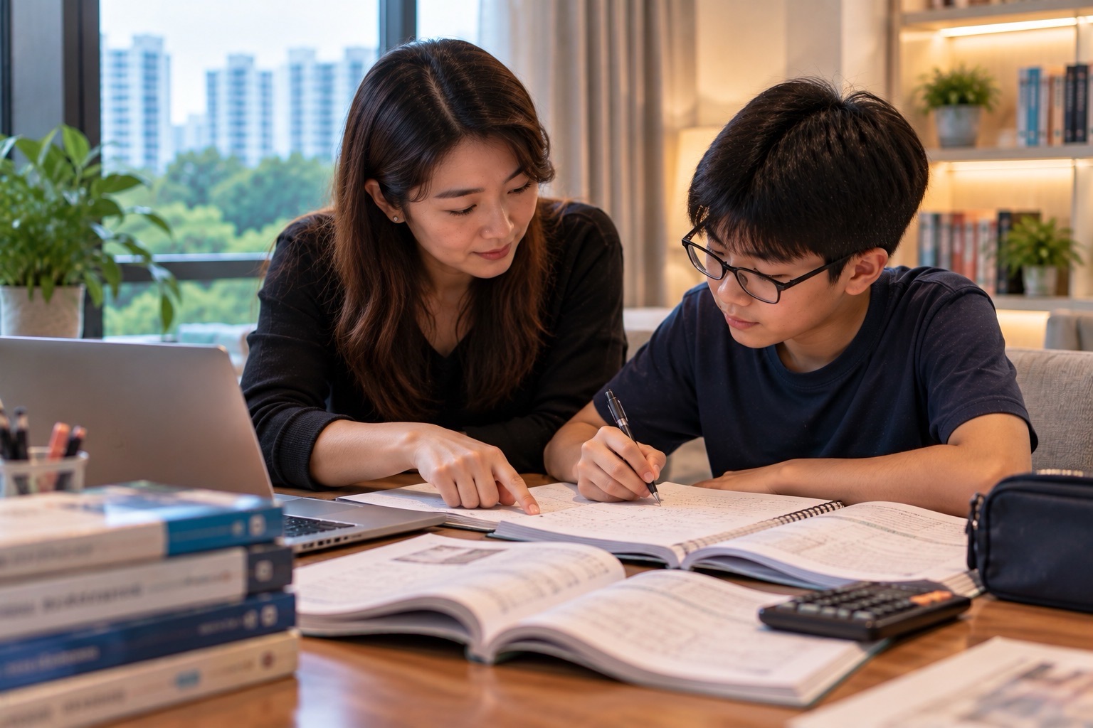 A student writes in an open notebook while an adult points to a line of work.