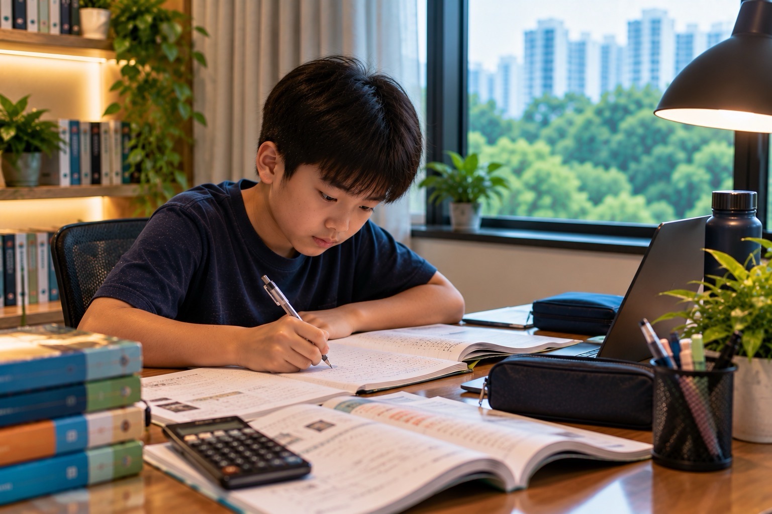 A student writes in a notebook at a home desk, with open textbooks, a calculator and a laptop beside the window.