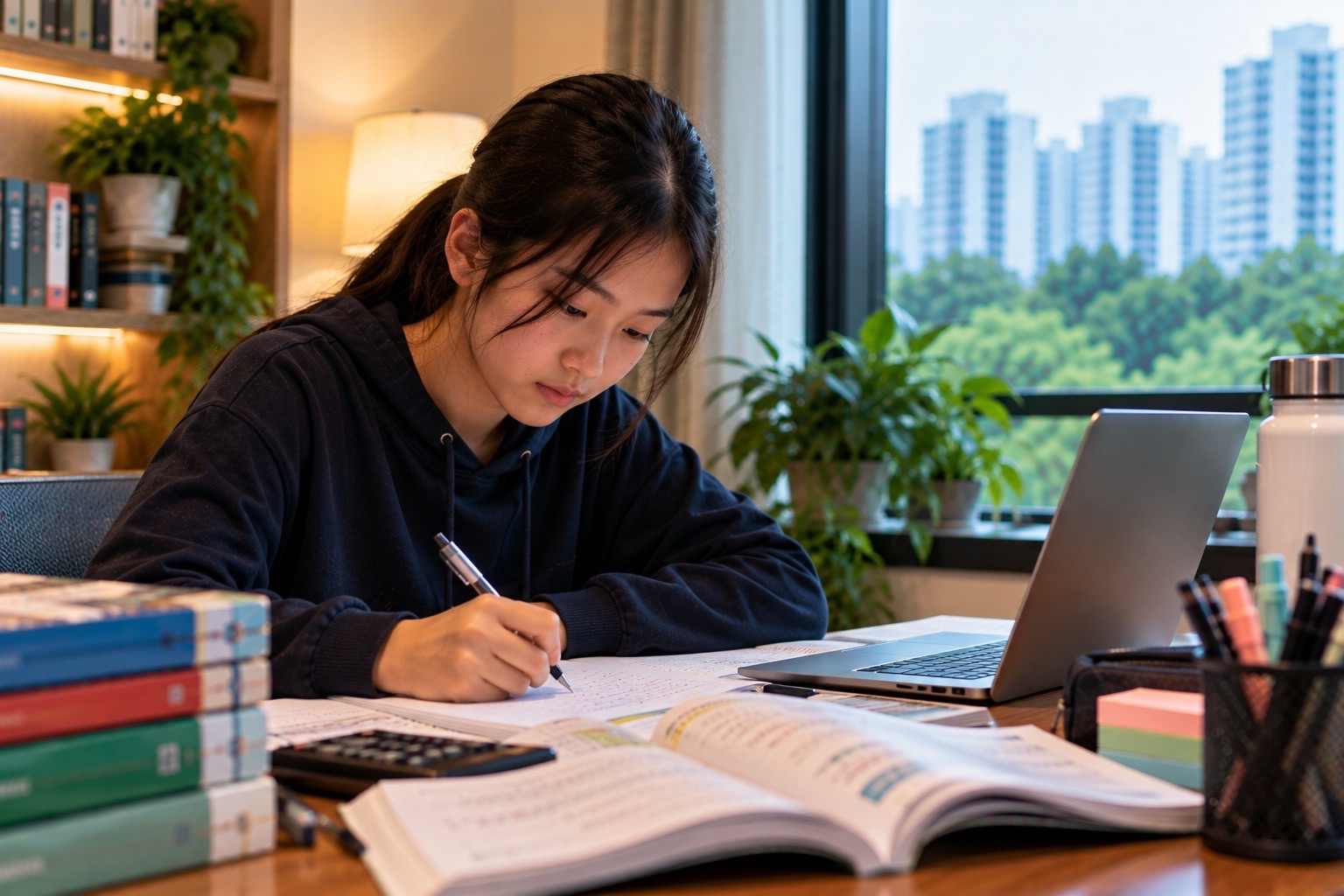 A student writes in a notebook beside open textbooks and a laptop, with bookshelves and a large window behind the desk.