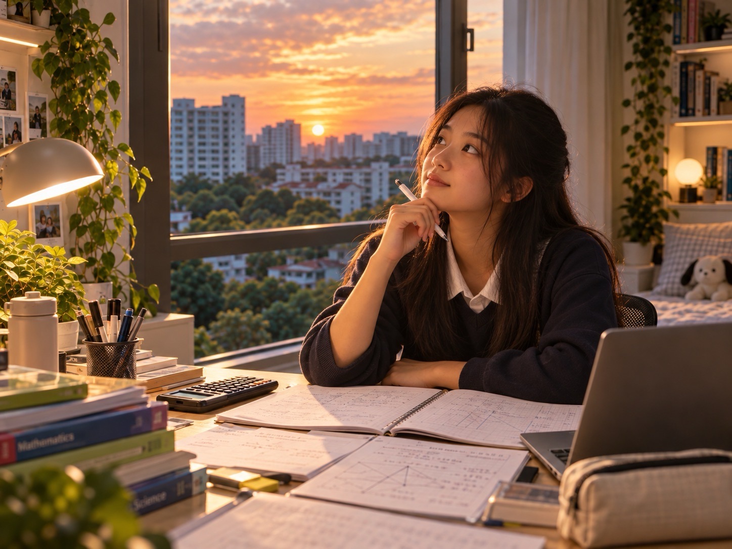 A student rests a hand near her chin during a pause in revision, with books, a notebook and a laptop on the desk.