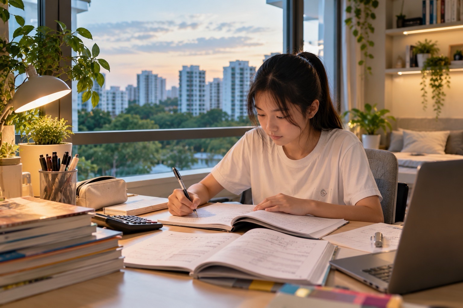 A student works in an open notebook beside a laptop and textbooks, with warm evening light outside the window.