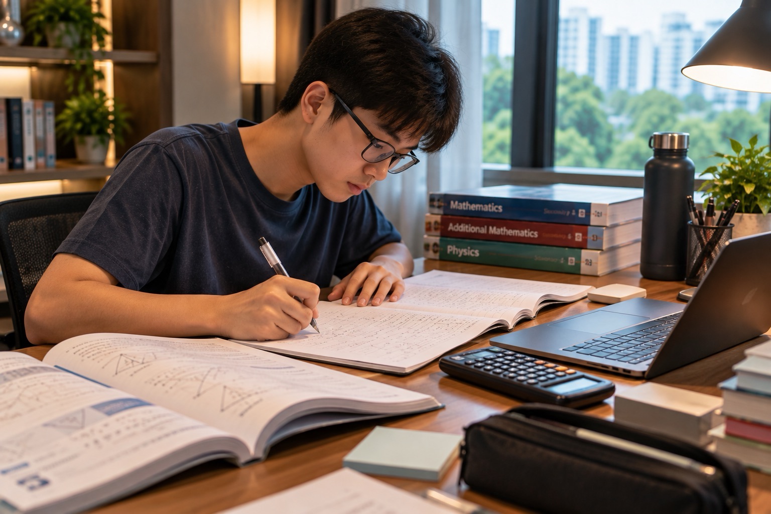 A student wearing glasses writes in an open notebook at a home desk, with textbooks and a laptop close at hand.