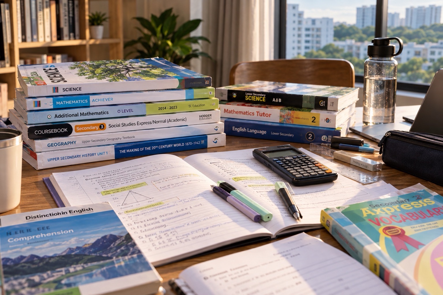 Open notes and schoolbooks share a window-side desk with stacked textbooks, stationery and a water bottle.