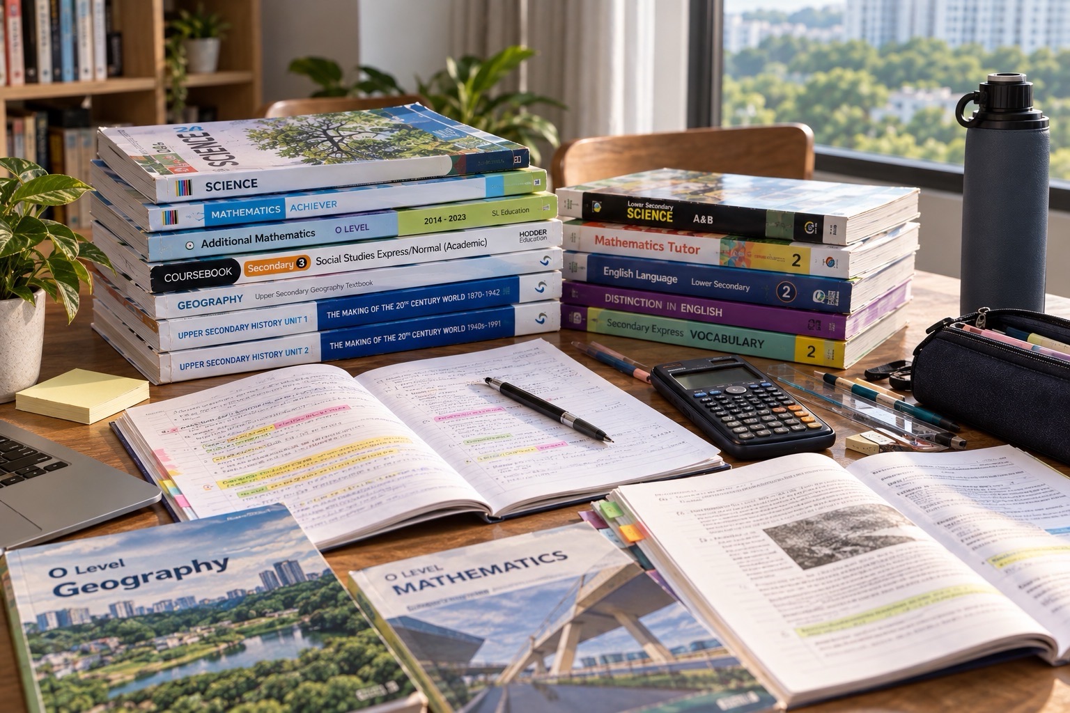 Geography and mathematics books lie among open notes, other textbooks and a calculator on a bright study desk.