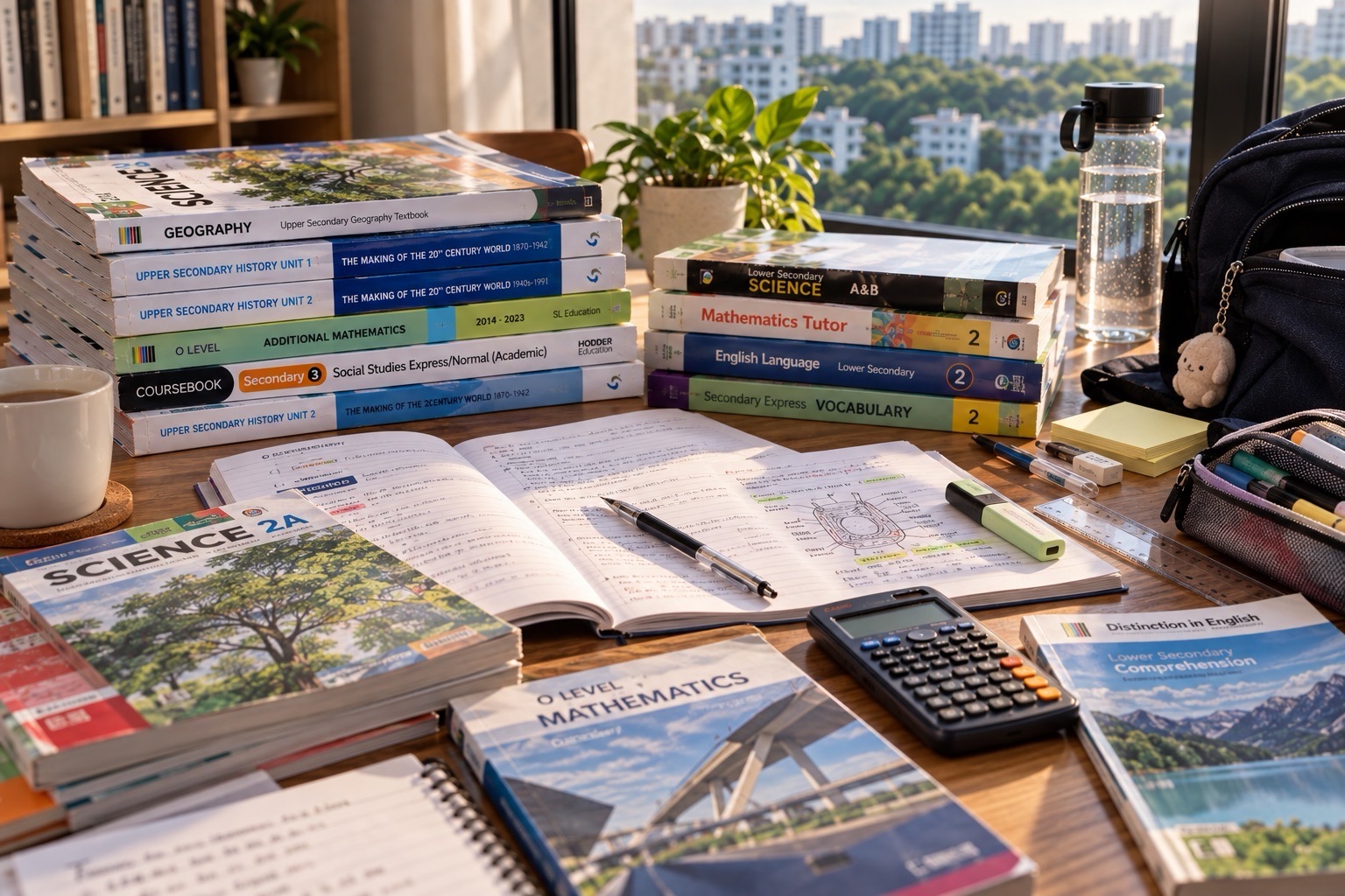 Textbooks, open notes and subject books cover a home desk, with stationery, a water bottle and a school bag nearby.