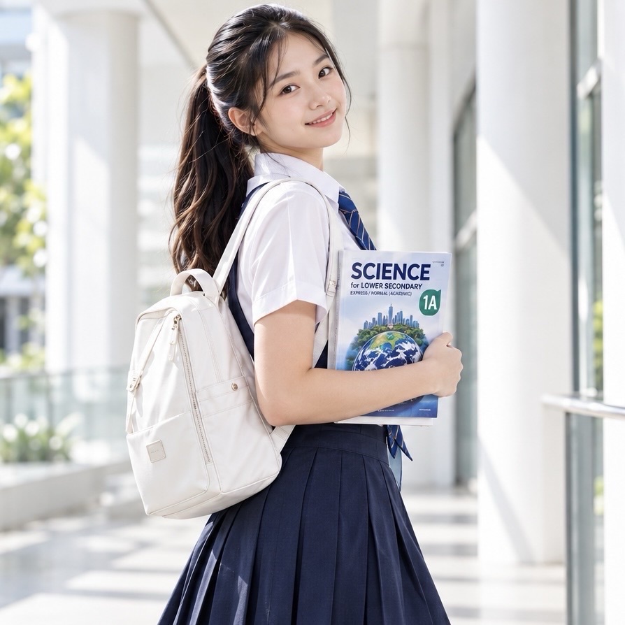 A student carrying a white backpack looks back towards the camera while holding a Science textbook beside a corridor window.