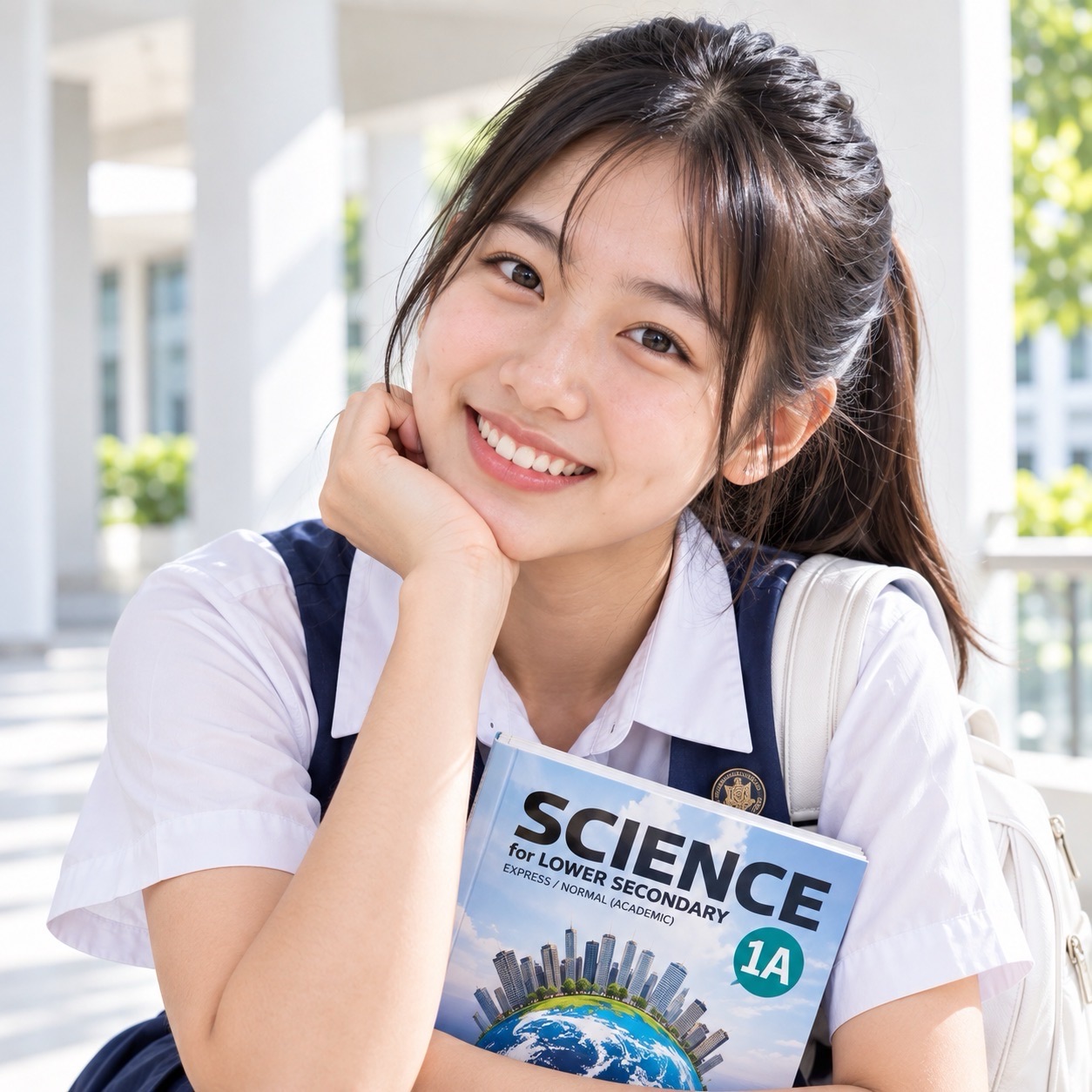 A student rests her chin on one hand while holding a Science textbook, with a bright corridor in the background.