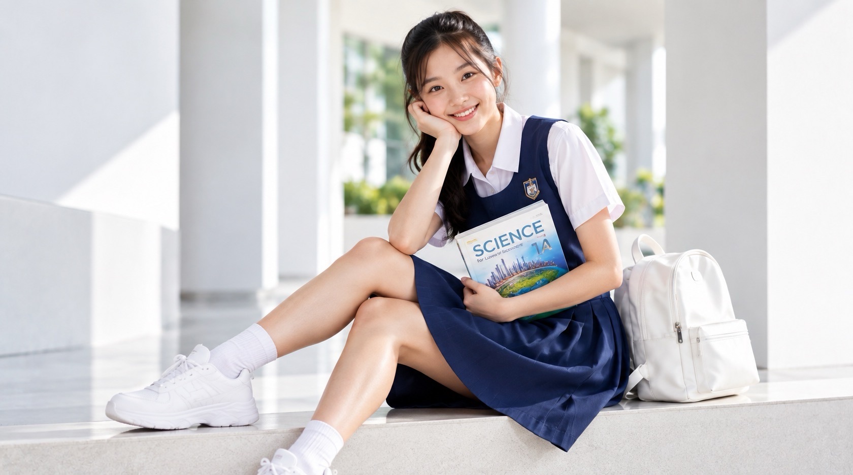 A student rests her chin on one hand while holding a Science textbook, with a bright corridor in the background.