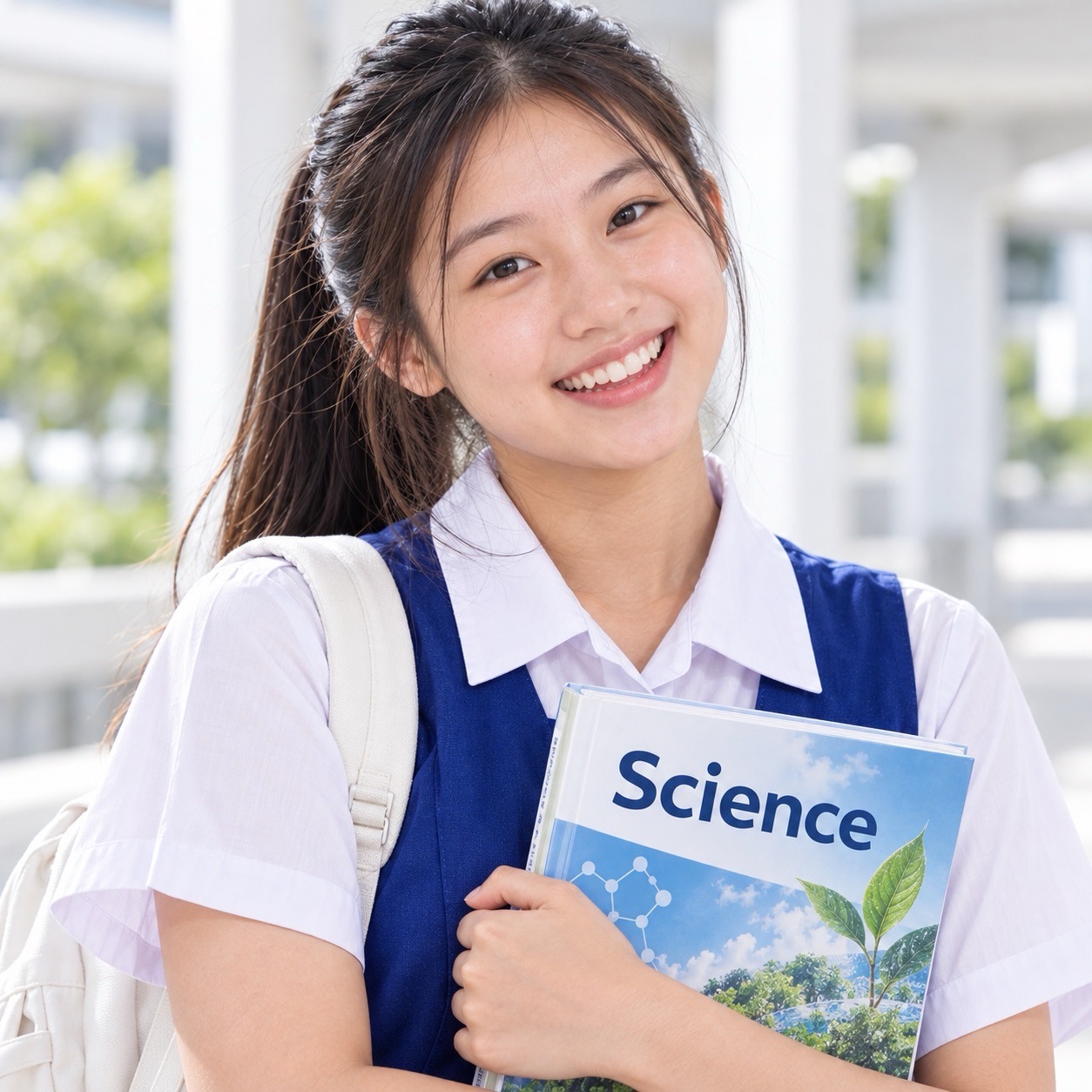 A smiling student in a blue-and-white uniform holds a blue Science textbook, with a light-coloured backpack over one shoulder.
