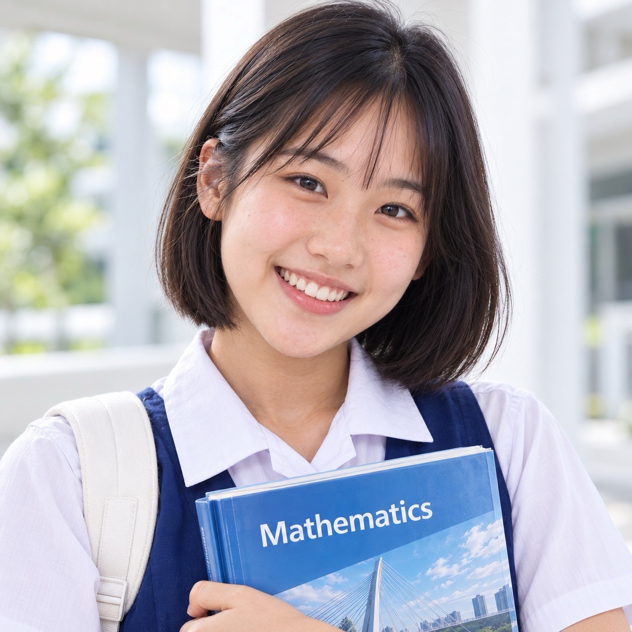 A smiling student with short dark hair holds a Mathematics textbook against her blue-and-white uniform in a bright corridor.