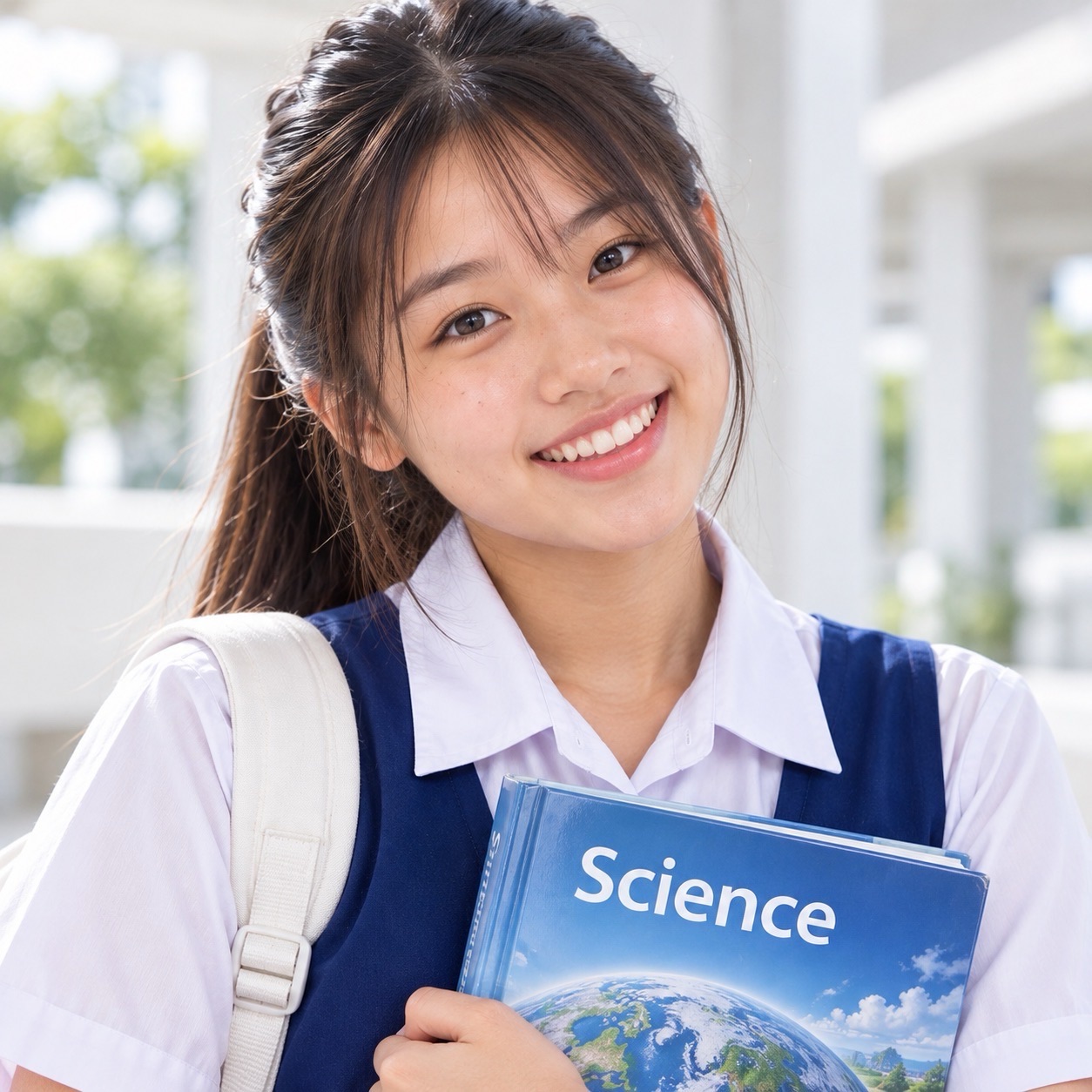 A smiling student in a blue-and-white uniform holds a blue Science textbook, with a light-coloured backpack over one shoulder.
