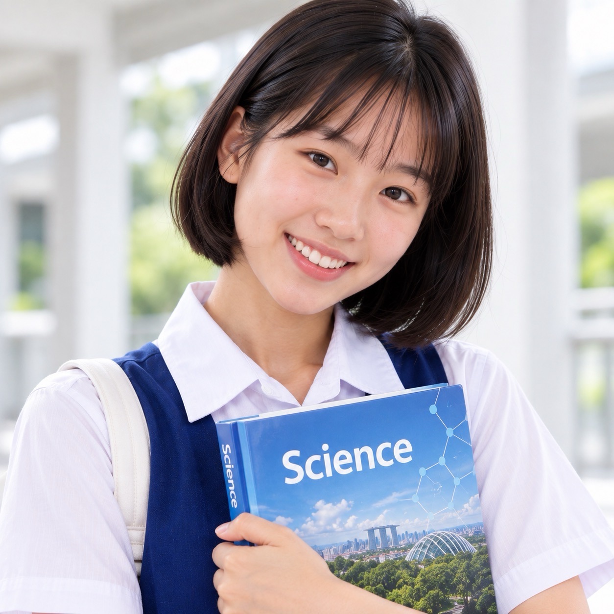A smiling student with short dark hair holds a Science textbook against her blue-and-white uniform in a bright corridor.