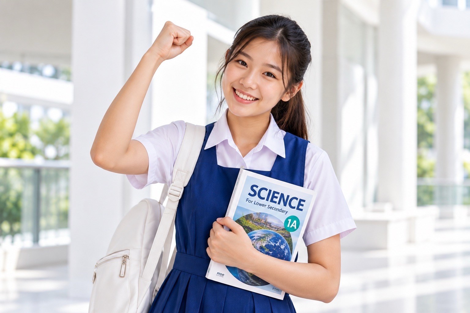 A smiling student in a blue-and-white uniform raises one fist while holding a Science textbook against her chest.