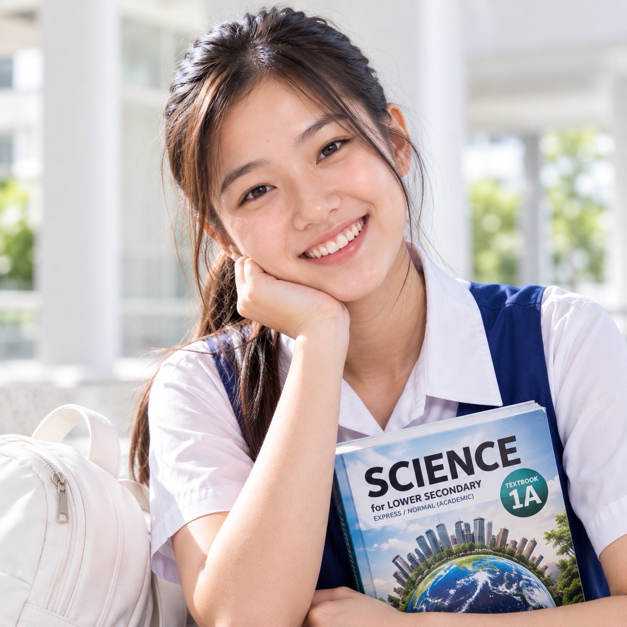 A student rests her chin on one hand while holding a Science textbook, with a bright corridor in the background.