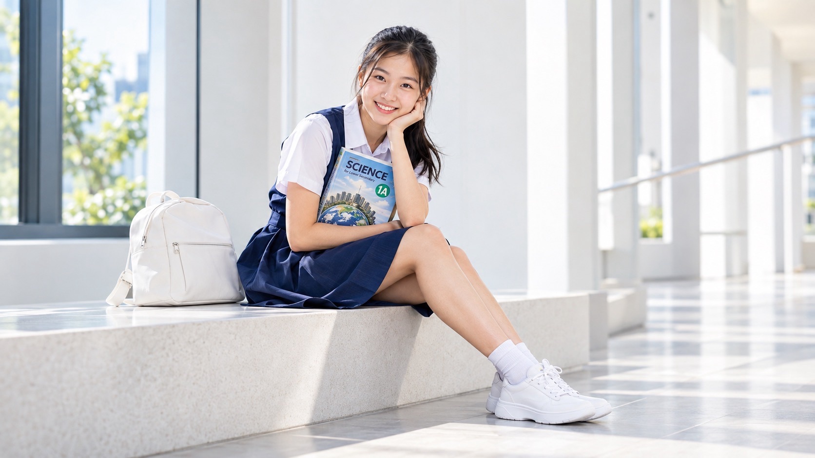 A student rests her chin on one hand while holding a Science textbook, with a bright corridor in the background.
