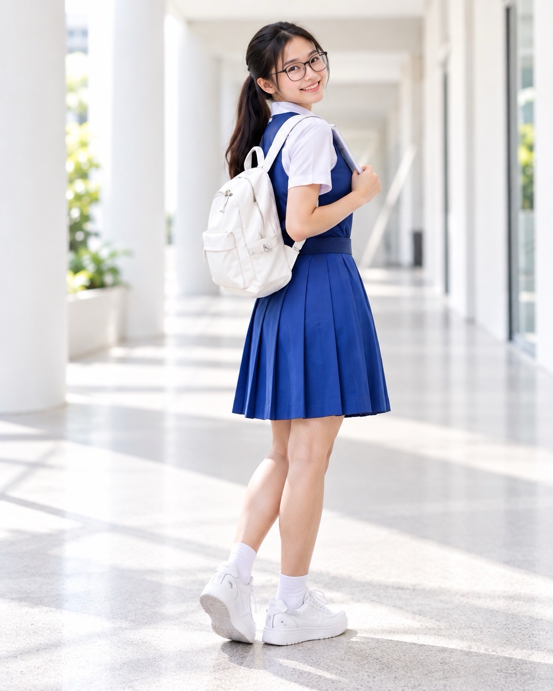 A student wearing glasses and a blue pinafore looks back towards the camera while holding a blue book and carrying a white backpack in a bright corridor.