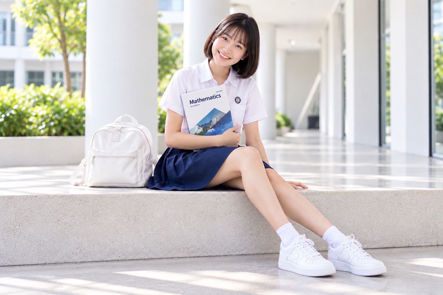 A student with short hair sits on a low stone ledge holding a Mathematics textbook, with a white backpack beside her.