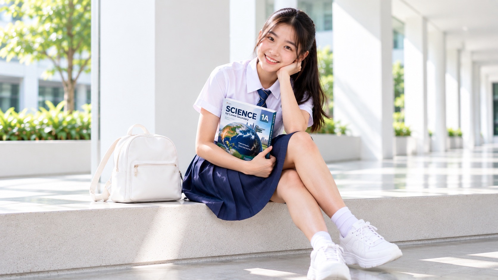 A student rests her chin on one hand while holding a Science textbook, with a bright corridor in the background.