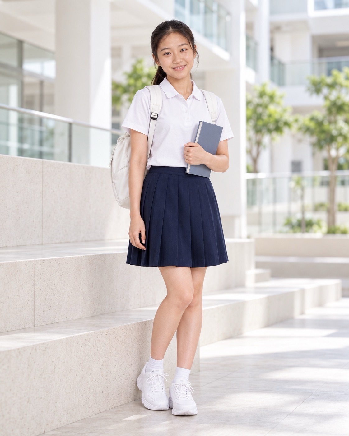 A student in a white shirt and navy skirt stands beside a column holding a book, with sunlit walkways and greenery behind her.