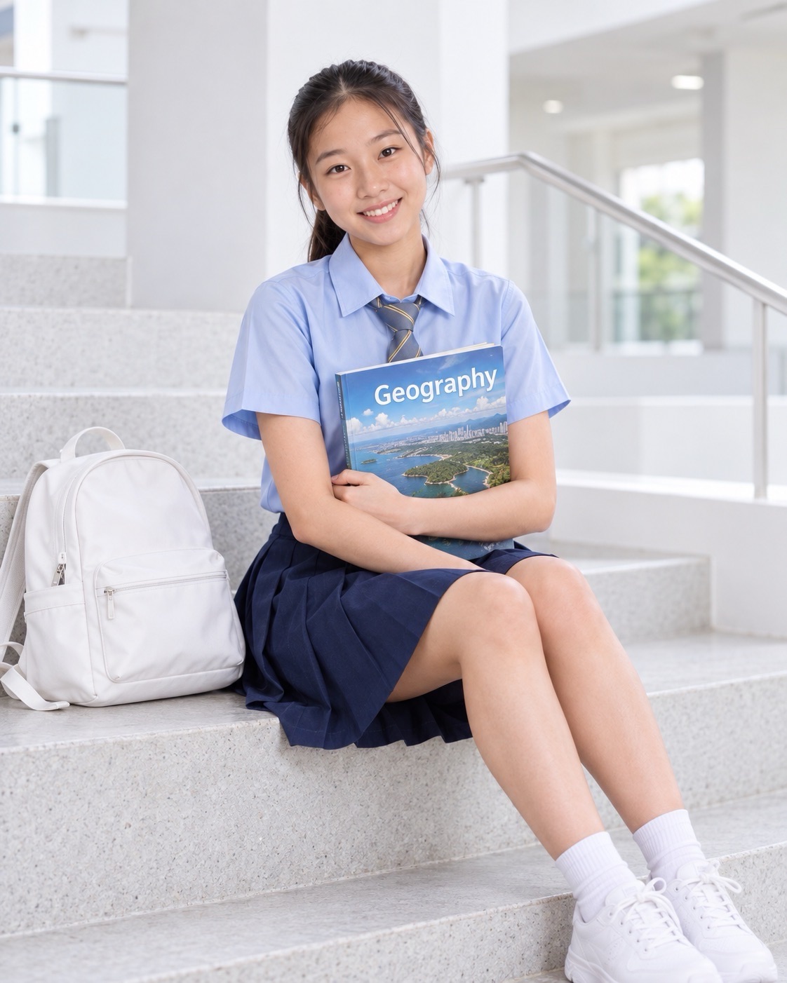 A smiling student in a light-blue shirt and navy skirt sits on broad steps holding a Geography textbook, with a white backpack beside her.