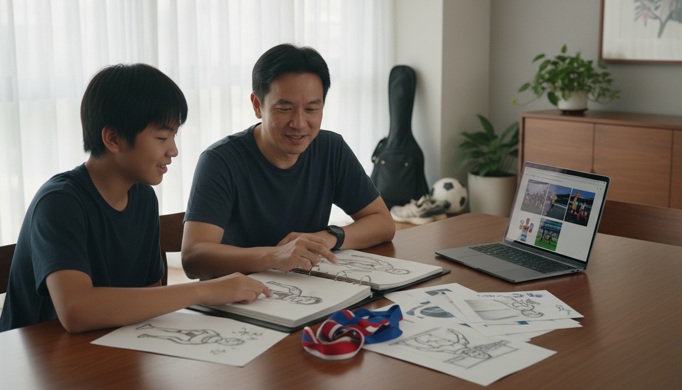 Illustrative editorial image of a Singaporean father supporting a teenager preparing a school talent portfolio.