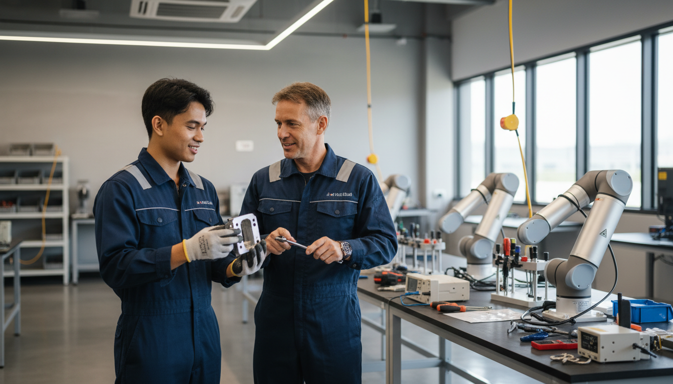 Editorial illustration of a Singaporean man training with an experienced mentor in an engineering work-study setting.