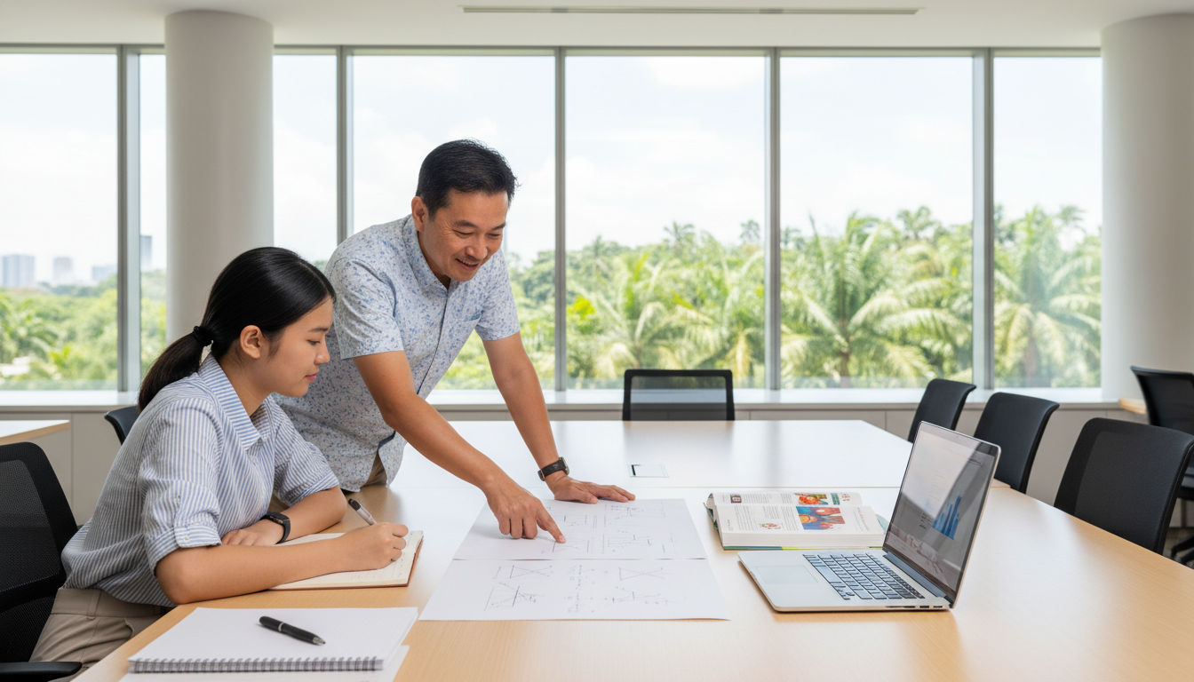 Illustrative photo of an adult male science teacher supporting junior-college students in a bright study room.