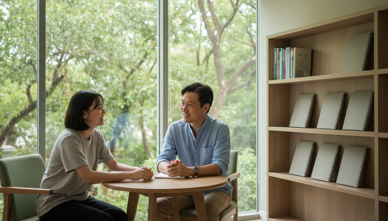 Illustrative photo of a Singaporean male school mentor speaking calmly with a student about learning support and wellbeing.