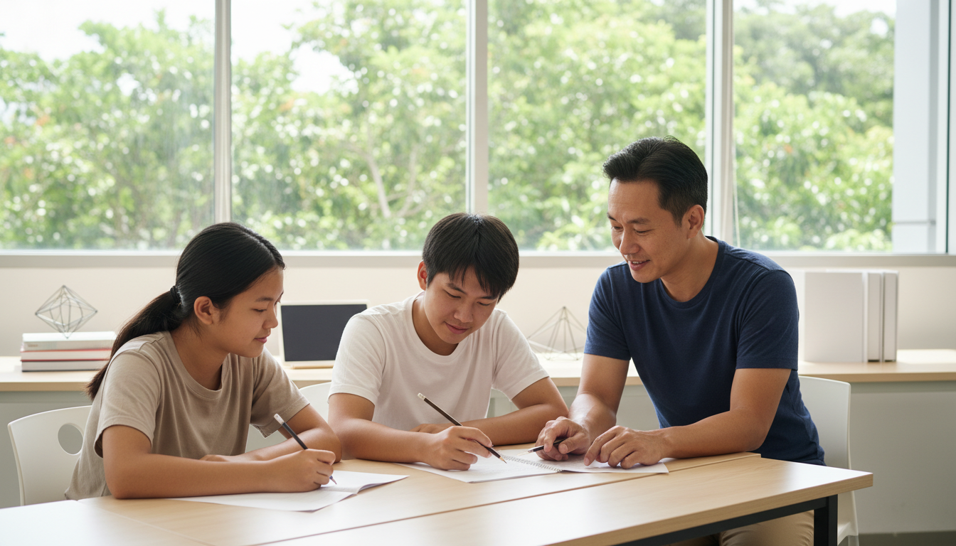 Illustration of a male educator helping teenagers with mathematics in a Singapore classroom.