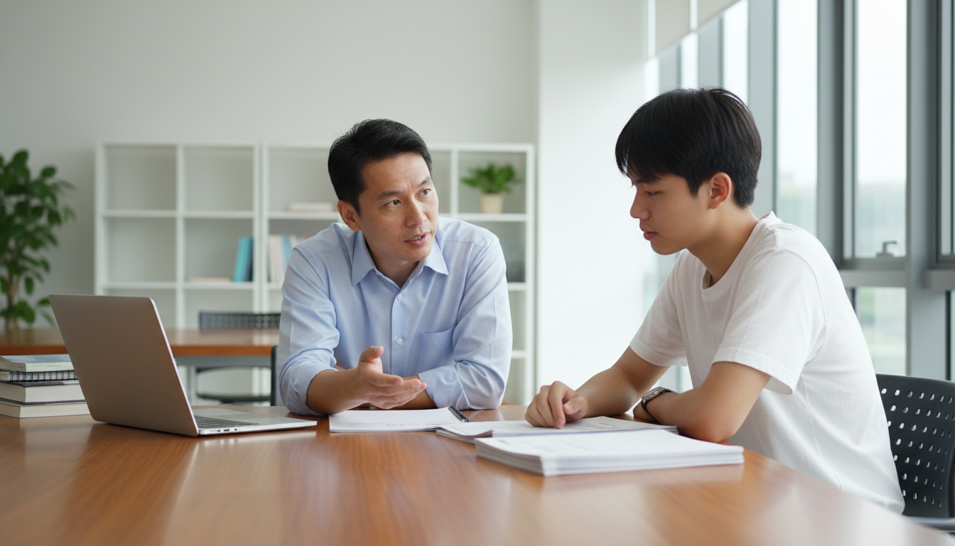 Illustration of a Singaporean male adviser speaking with a student about post-secondary course choices.