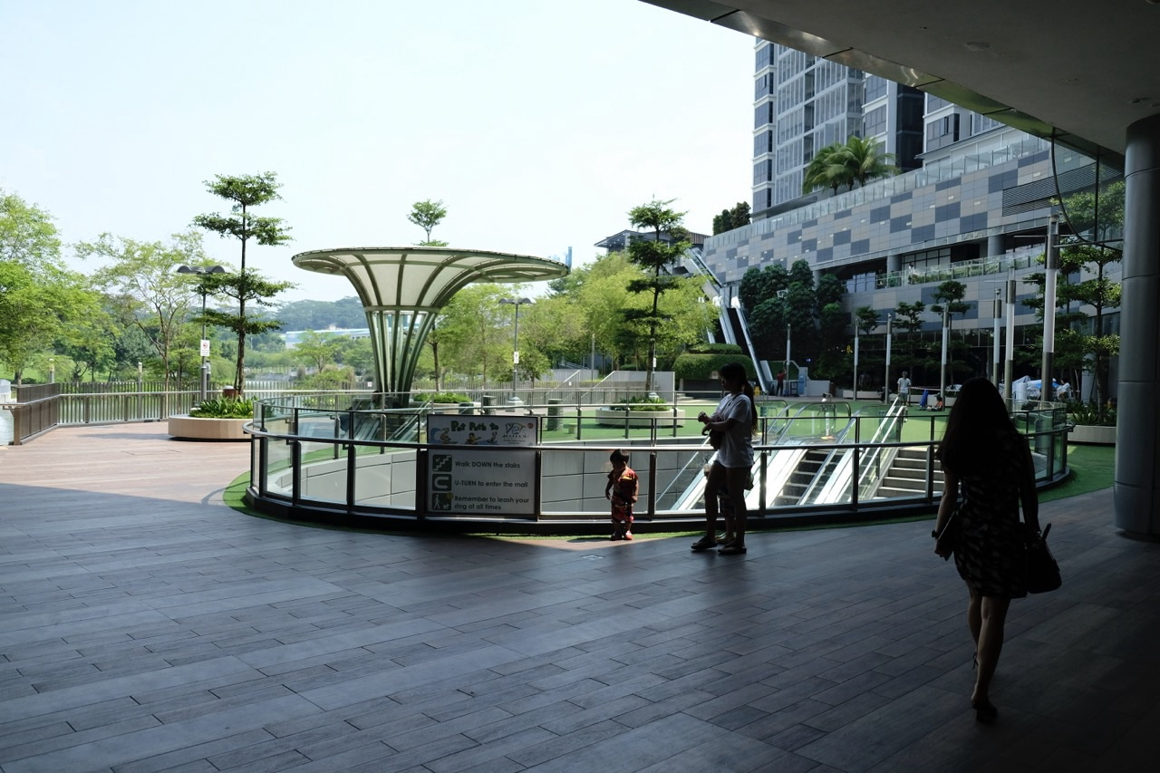 Outdoor seating and gathering area at Waterway Point in Punggol.