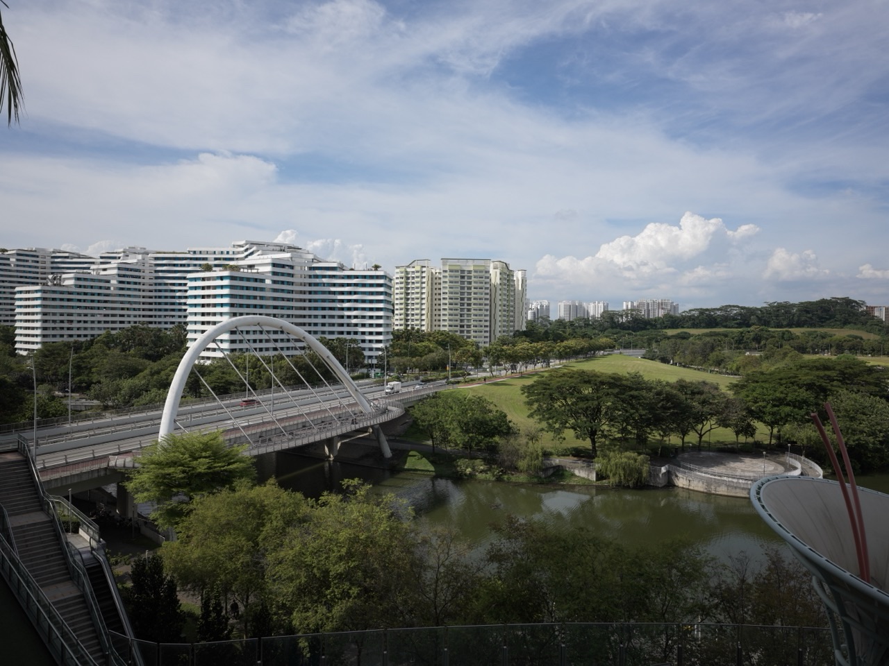 Canal and bridge at Punggol Waterway Park with nearby HDB flats