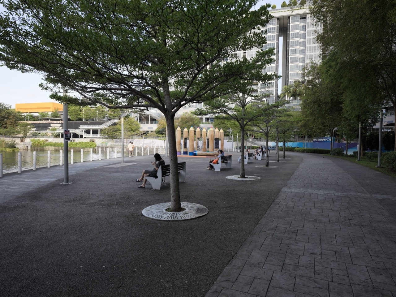 Seating and rest area at Punggol Waterway Park beside Waterway Point