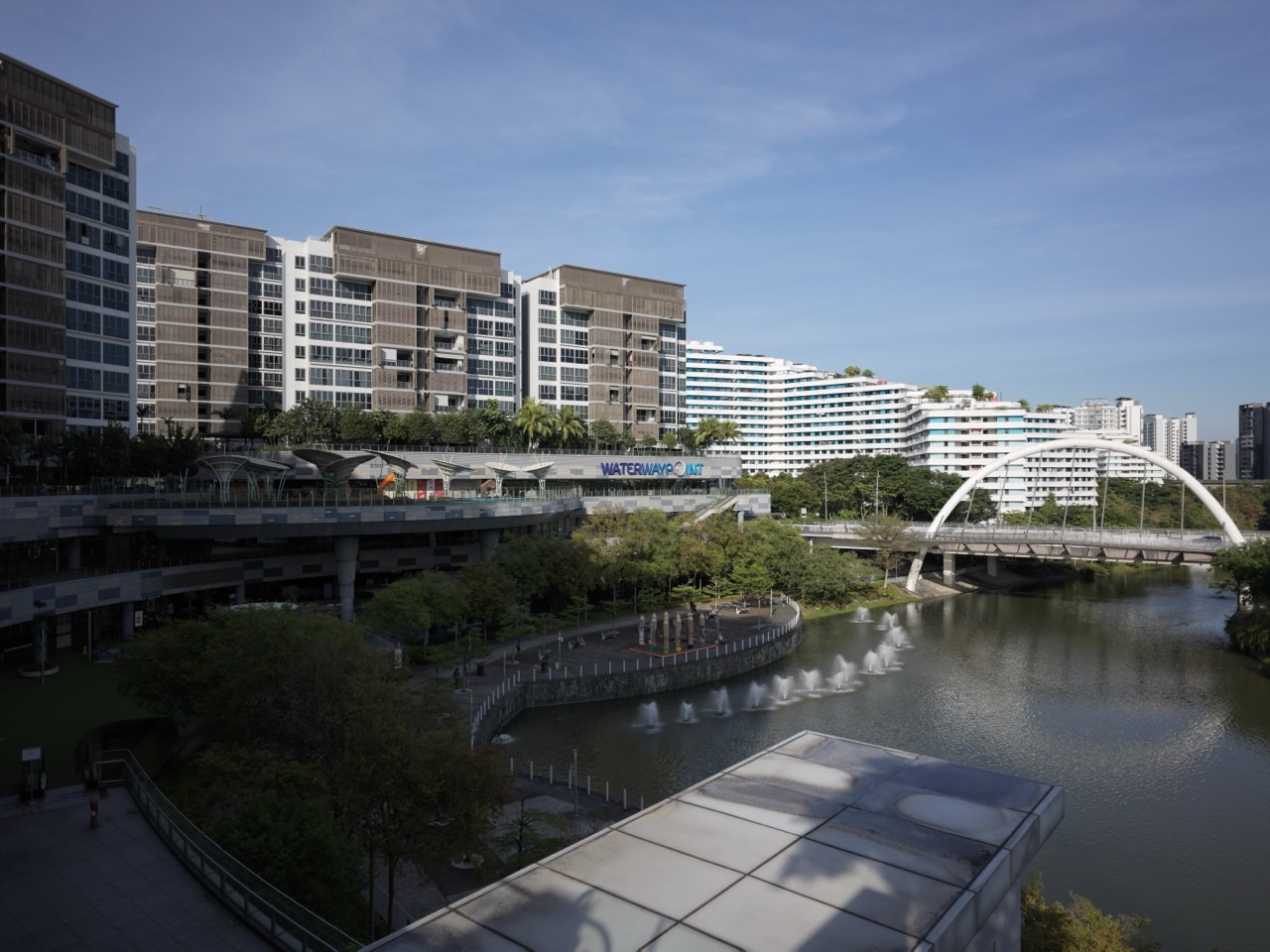 Canal and bridge at Punggol Waterway Park beside Waterway Point