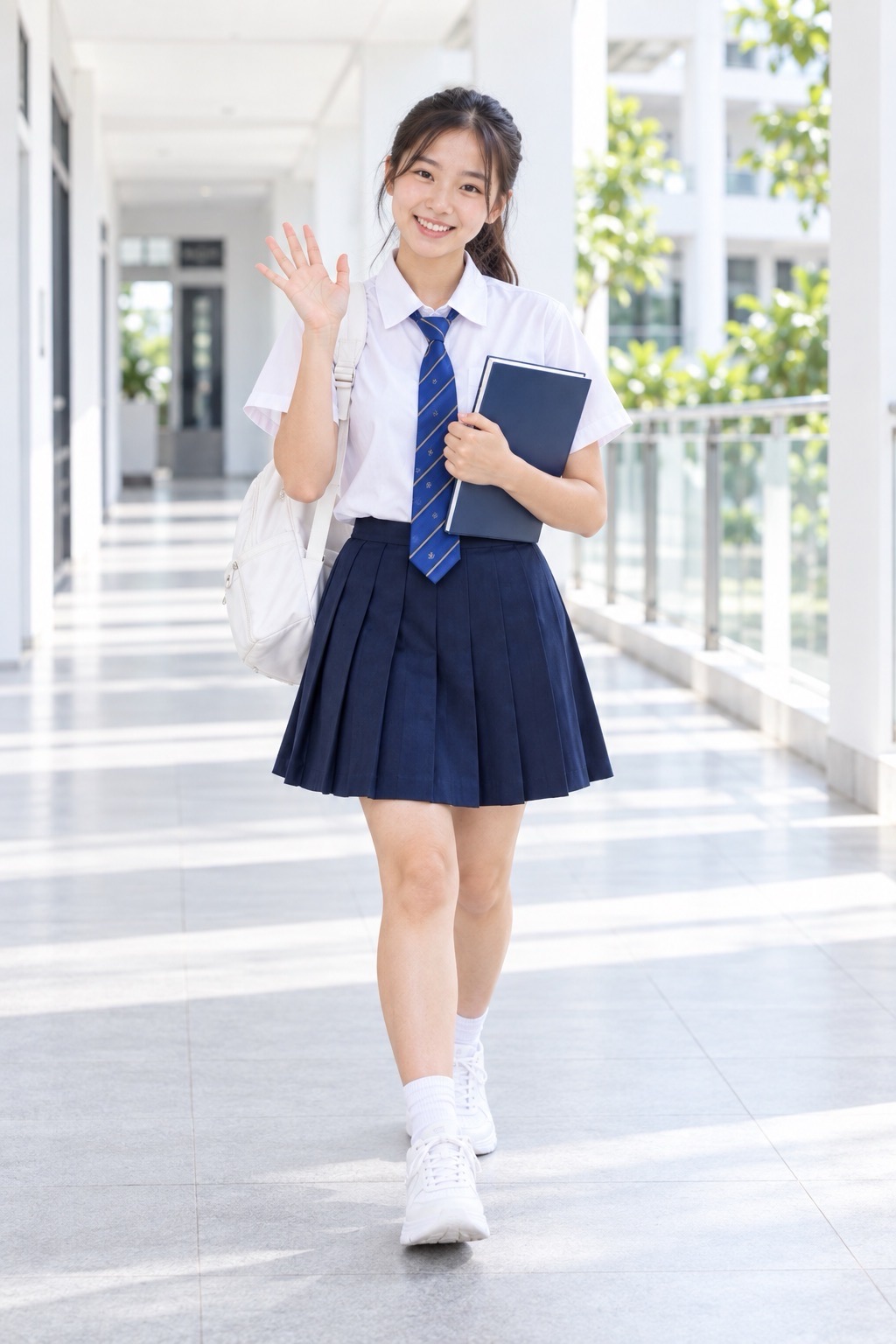 Student in a navy skirt and tie holds a notebook and raises a fist in a bright corridor.