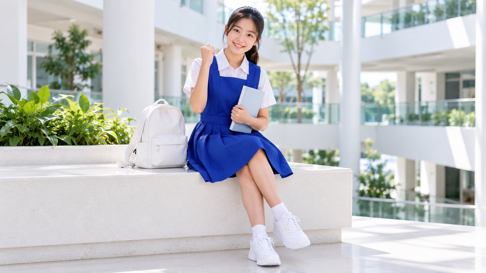 Student wearing glasses and a blue pinafore sits with a notebook and raised fist beside a white bag.
