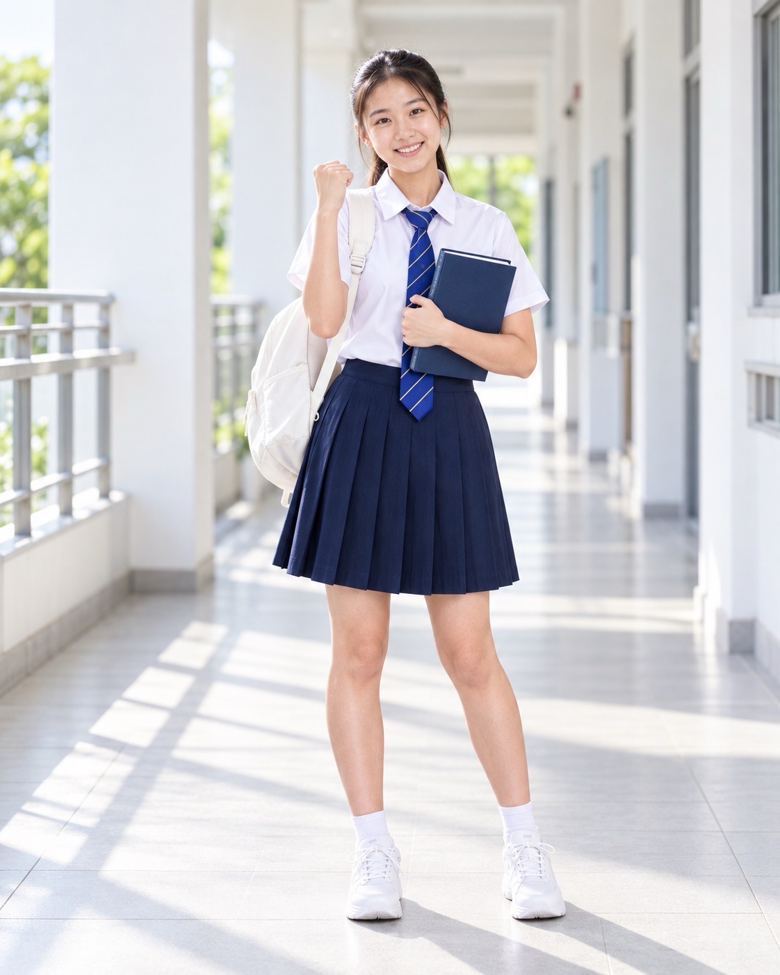 Student in a navy skirt and striped tie holds a dark notebook with a hand beside the face in a corridor.