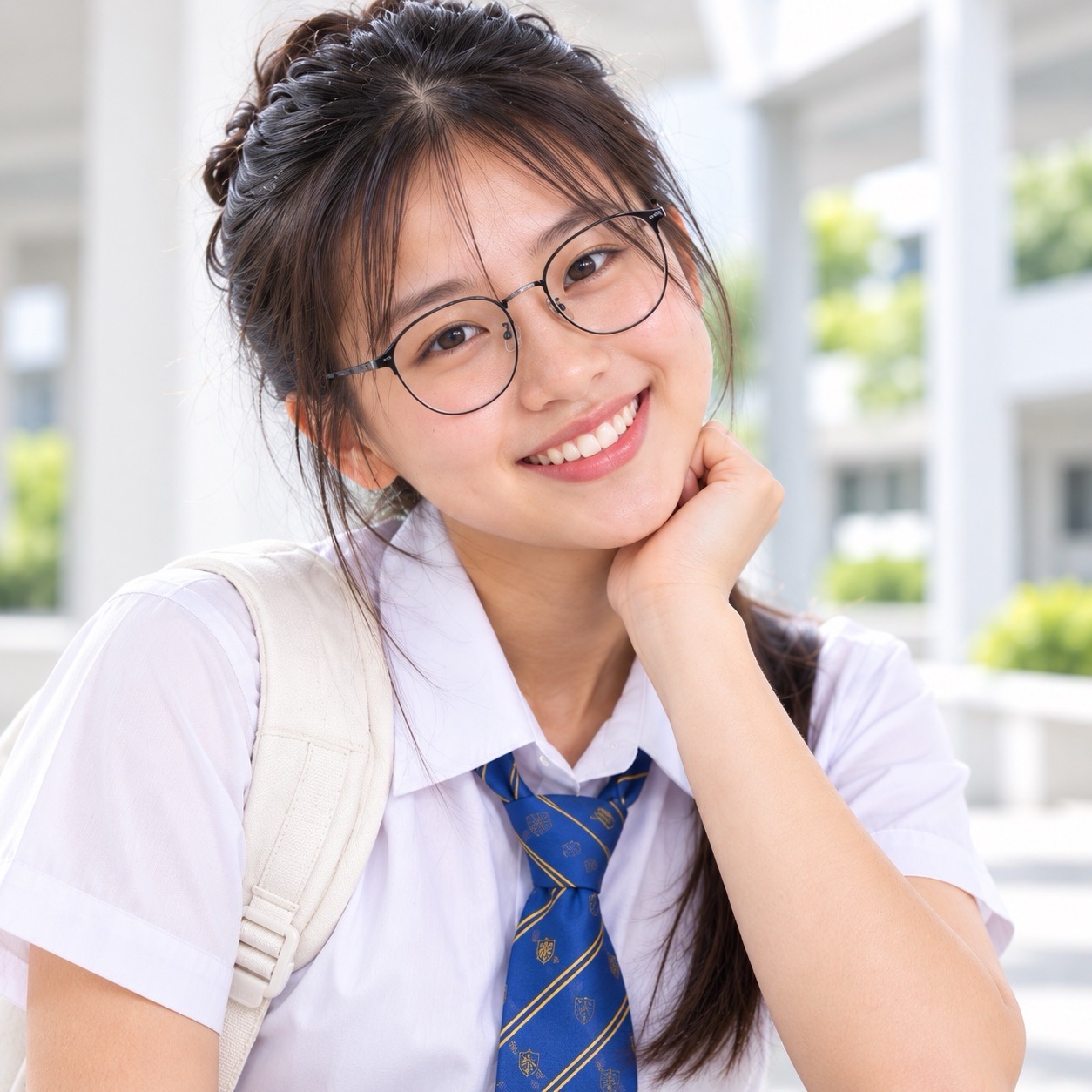 Student wearing glasses and a striped tie smiles with a hand resting at the neck.