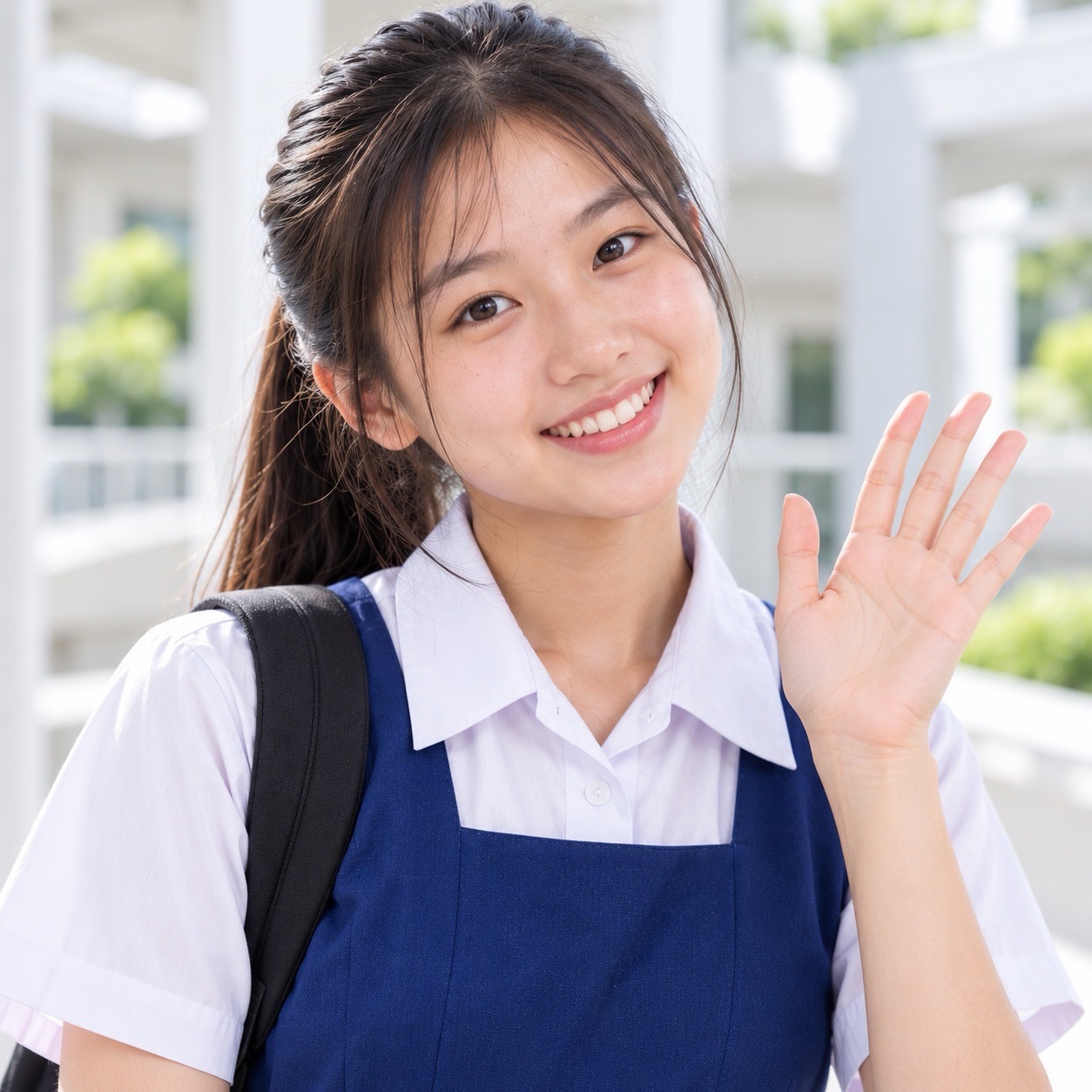 Student in a blue pinafore smiles and waves in a bright corridor.