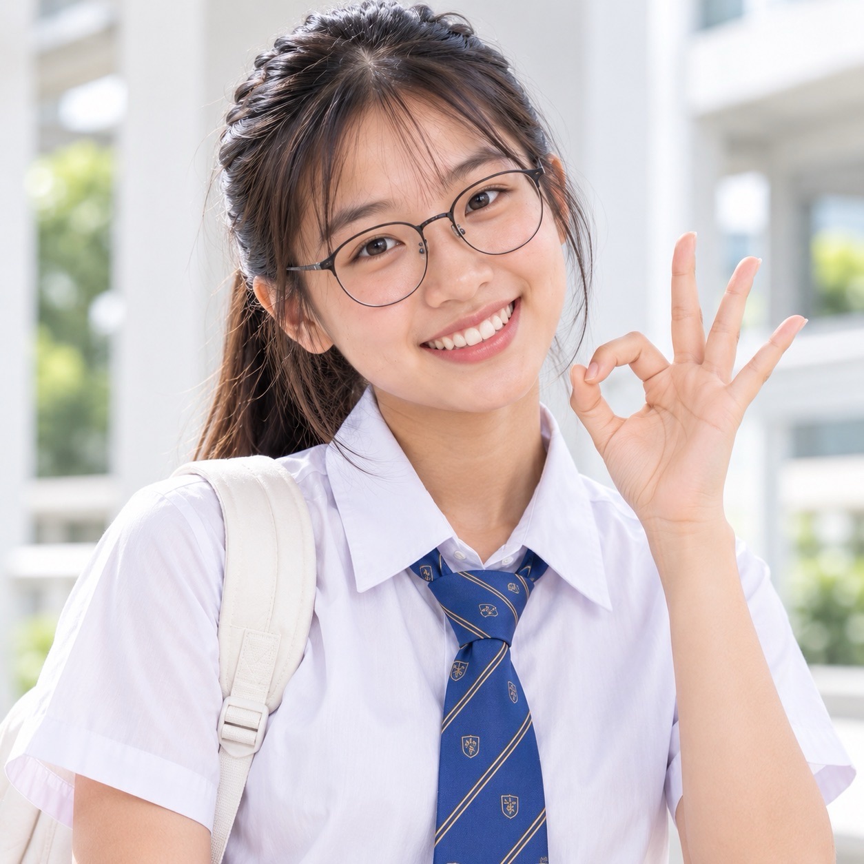 Student wearing glasses and a striped tie smiles and makes an OK gesture in a bright corridor.
